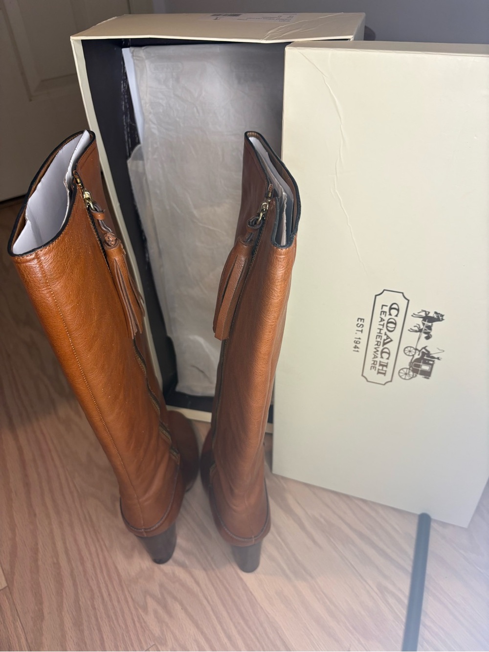 Coach Cognac Leather Knee-High Tassel Zip Boots - Picture 9 of 10